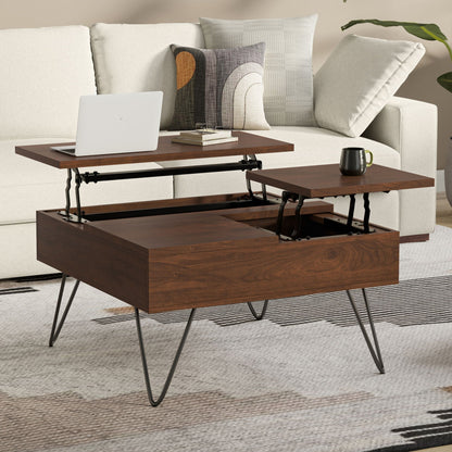 HouseOfZazla square lift-top walnut coffee table with hidden storage on black metal legs on Tampa Home & Garden Store