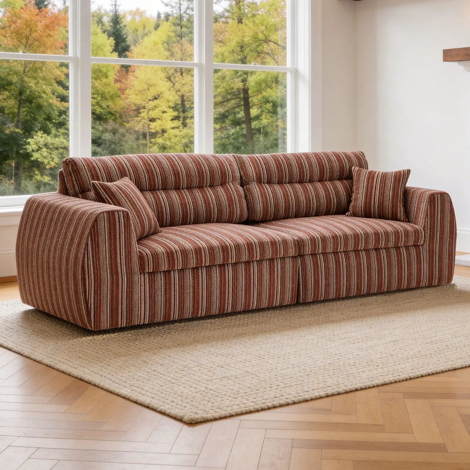 3 Seater couch with striped upholstery and two throw pillows by Unique Piece Furniture on Tampa Home & Garden Store