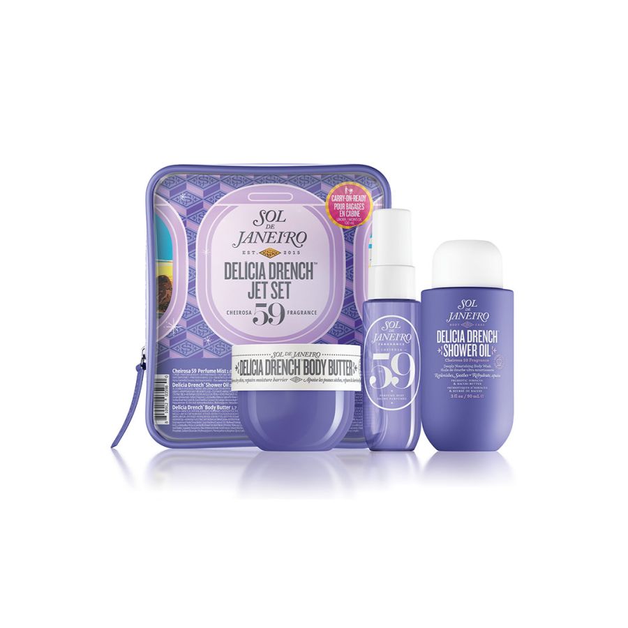 Sol de Janeiro Delicia Drench Jet Set Travel Trio purple tin with body butter and shower oil 3-piece set on Tampa Home & Garden Store