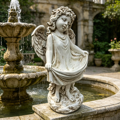 21.06 tall weathered angel cherub garden statue in stone finish by HouseOfZazla beside fountain on Tampa Home & Garden Store