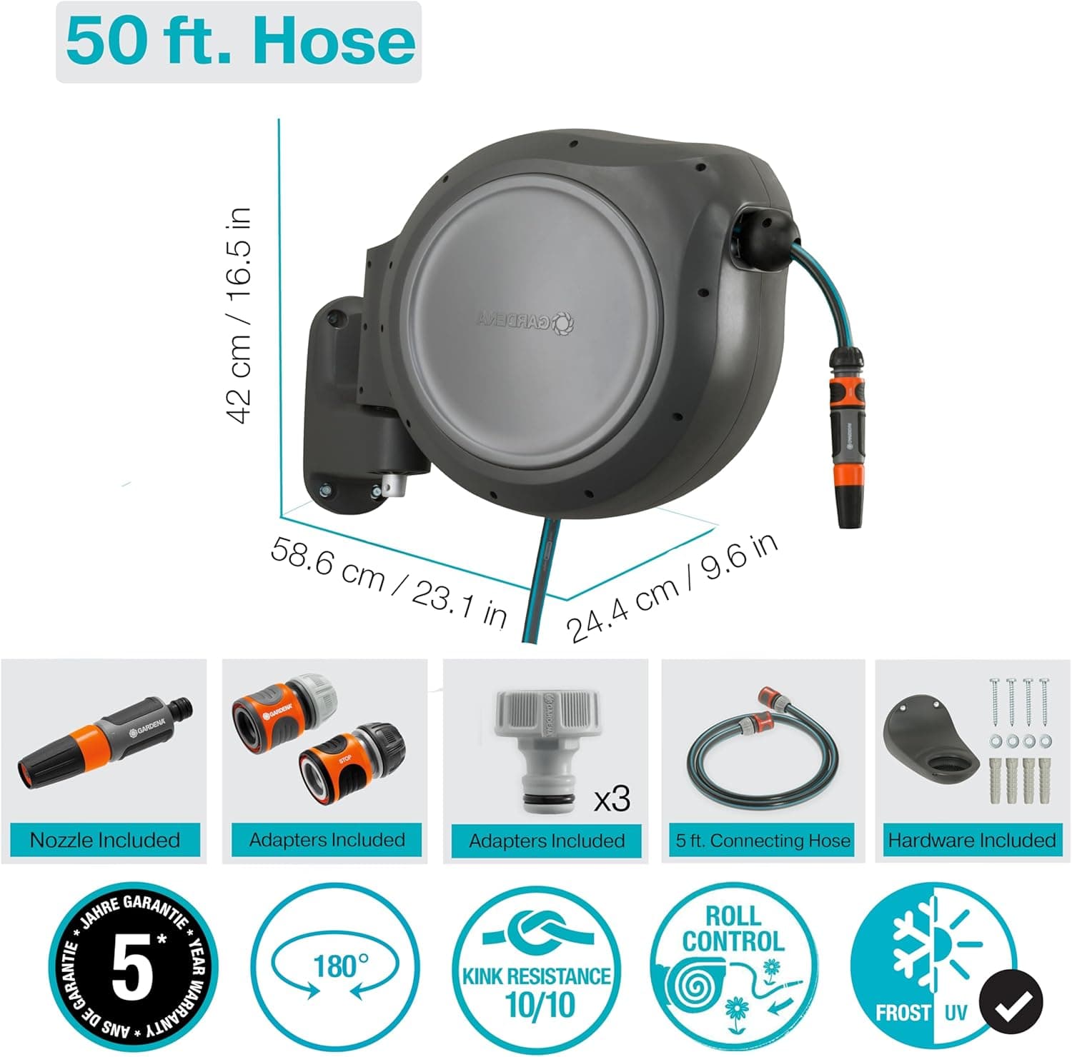 Retractable Hose Reel RollUp 50 ft by Gardena with teal hose wall-mount on Tampa Home & Garden Store