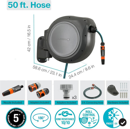Retractable Hose Reel RollUp 50 ft by Gardena with teal hose wall-mount on Tampa Home & Garden Store