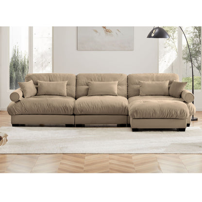 Modern sectional sofa in beige fabric by HouseOfZazla with round bolster arms and pillows on Tampa Home & Garden Store