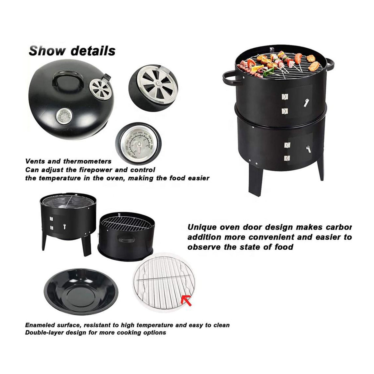 Outdoor double-layer charcoal grill smoker stove by HouseOfZazla, black enamel with vents on Tampa Home & Garden Store