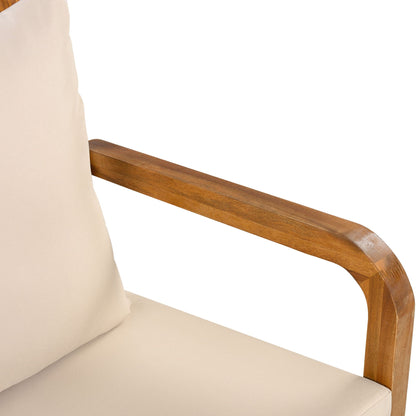 Beige upholstered outdoor dining chair with wooden curved armrest and removable cushion on Tampa Home & Garden Store