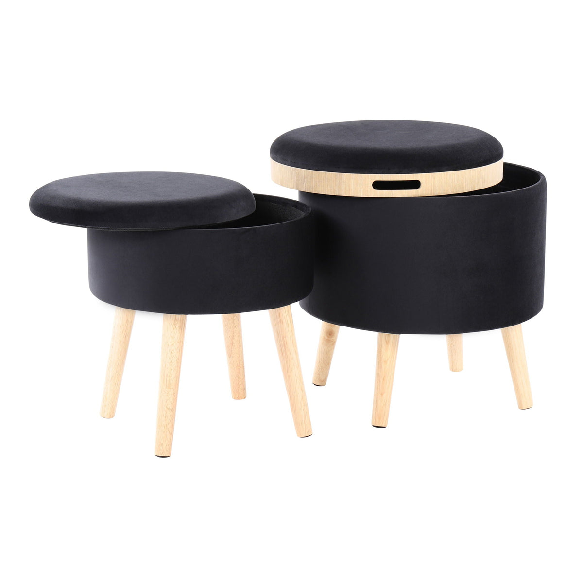 Contemporary storage ottoman with matching stool, black cushioned tops and natural wood legs, 2-piece set on Tampa Home & Garden Store