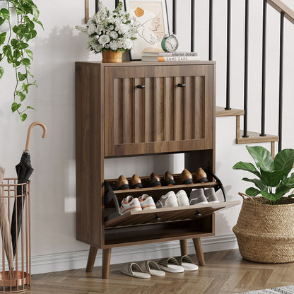 Walnut shoe cabinet with upright storage, mid-century modern style and slatted doors on Tampa Home & Garden Store