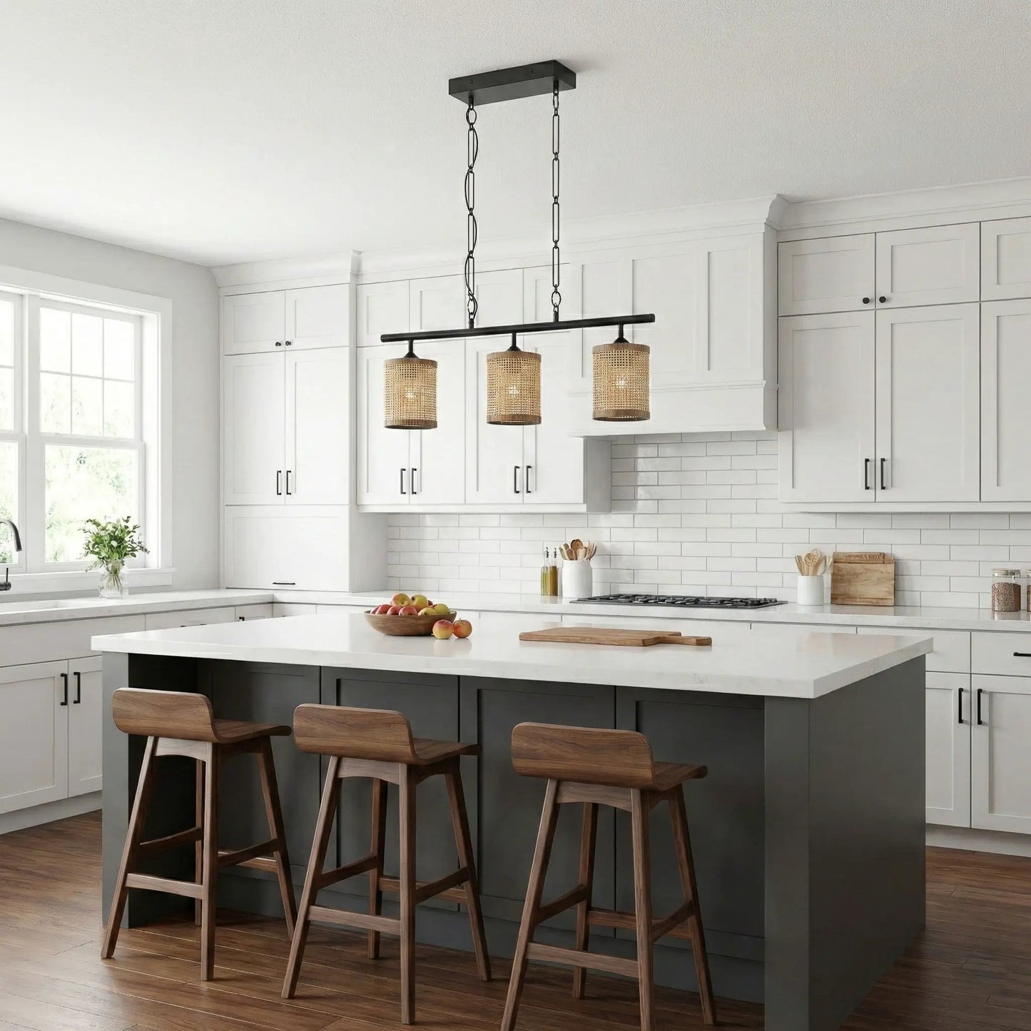 Elysian three-light island pendant lamp, black metal frame with natural rattan shades, chain-hung over white kitchen island on Tampa Home & Garden Store