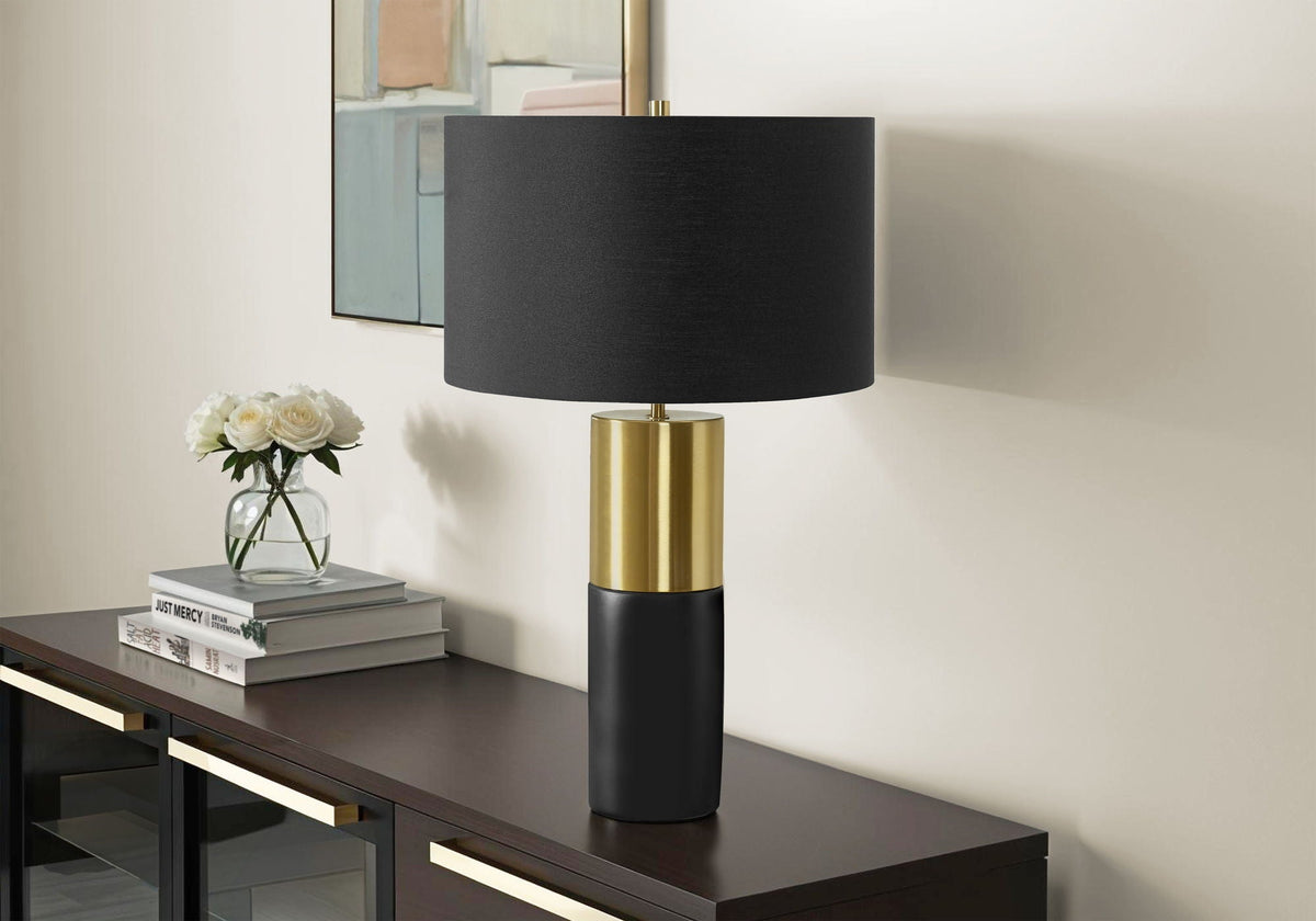Table lamp black shade with gold brass base, contemporary design on Tampa Home & Garden Store
