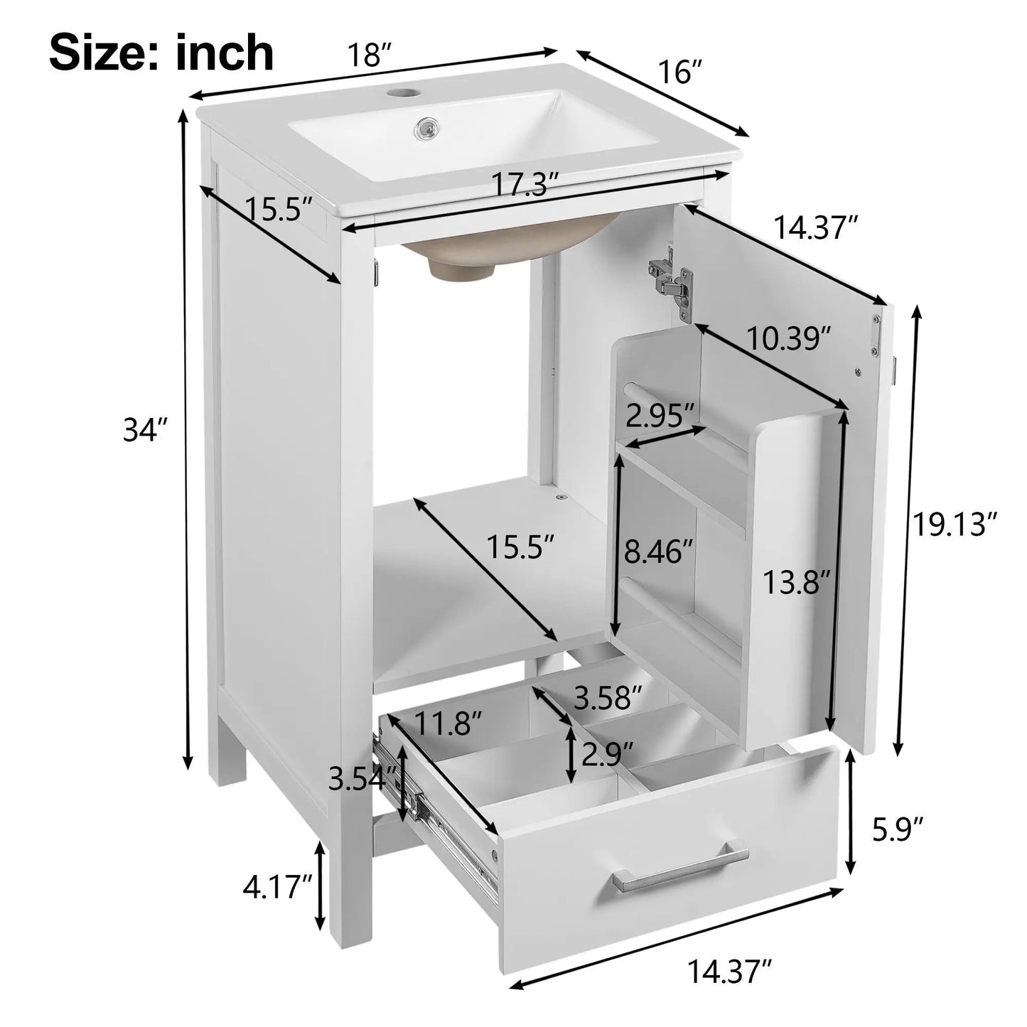Bathroom Vanity Ceramic Sink and Divider Drawer