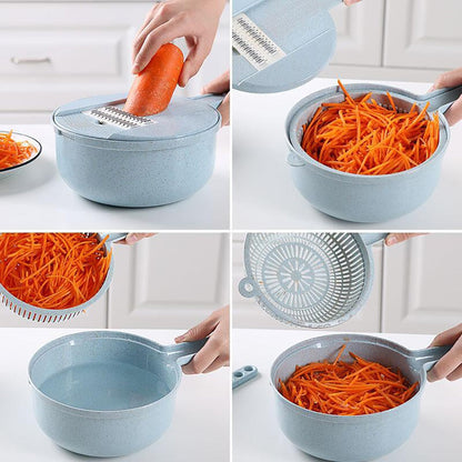 Perfecsy 8 in 1 mandoline slicer with blue speckled bowl; carrot julienne and grater blades in use on Tampa Home & Garden Store