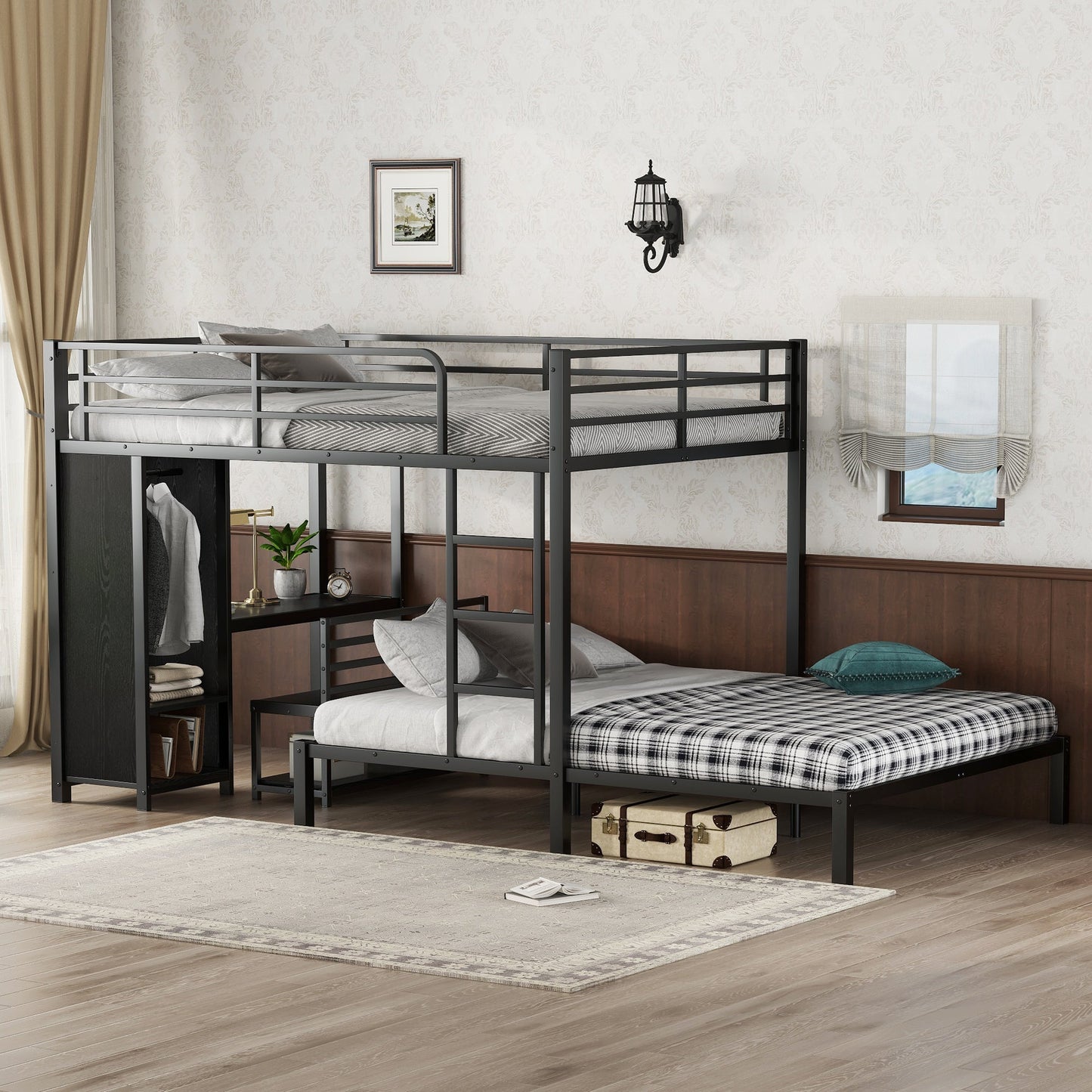 Queen Over Queen Bunk Bed With Desk and Wardrobe