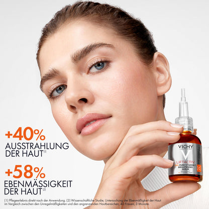 Vichy Liftactiv 15% Pure Vitamin C Serum bottle held near model's face skincare product on Tampa Home & Garden Store