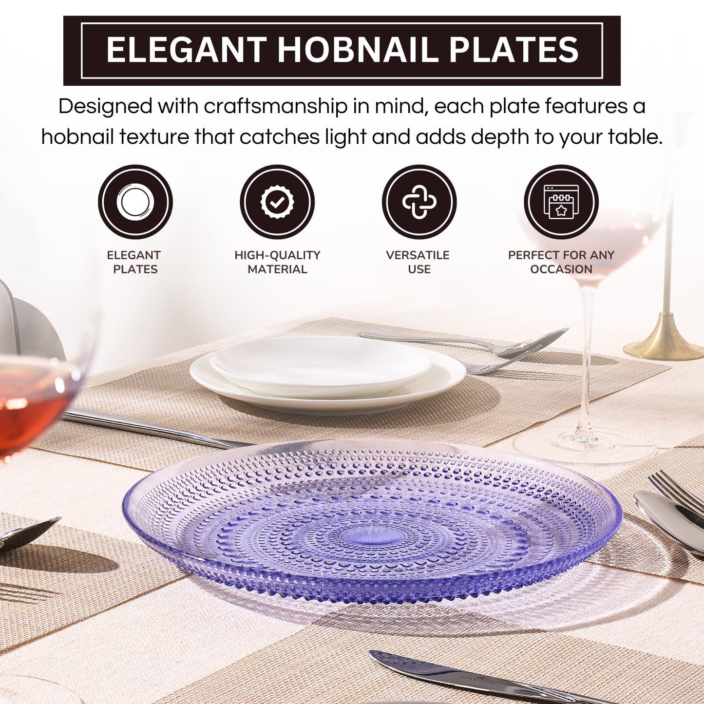 Four Blue Glass Hobnail Dinner or Charger Plates