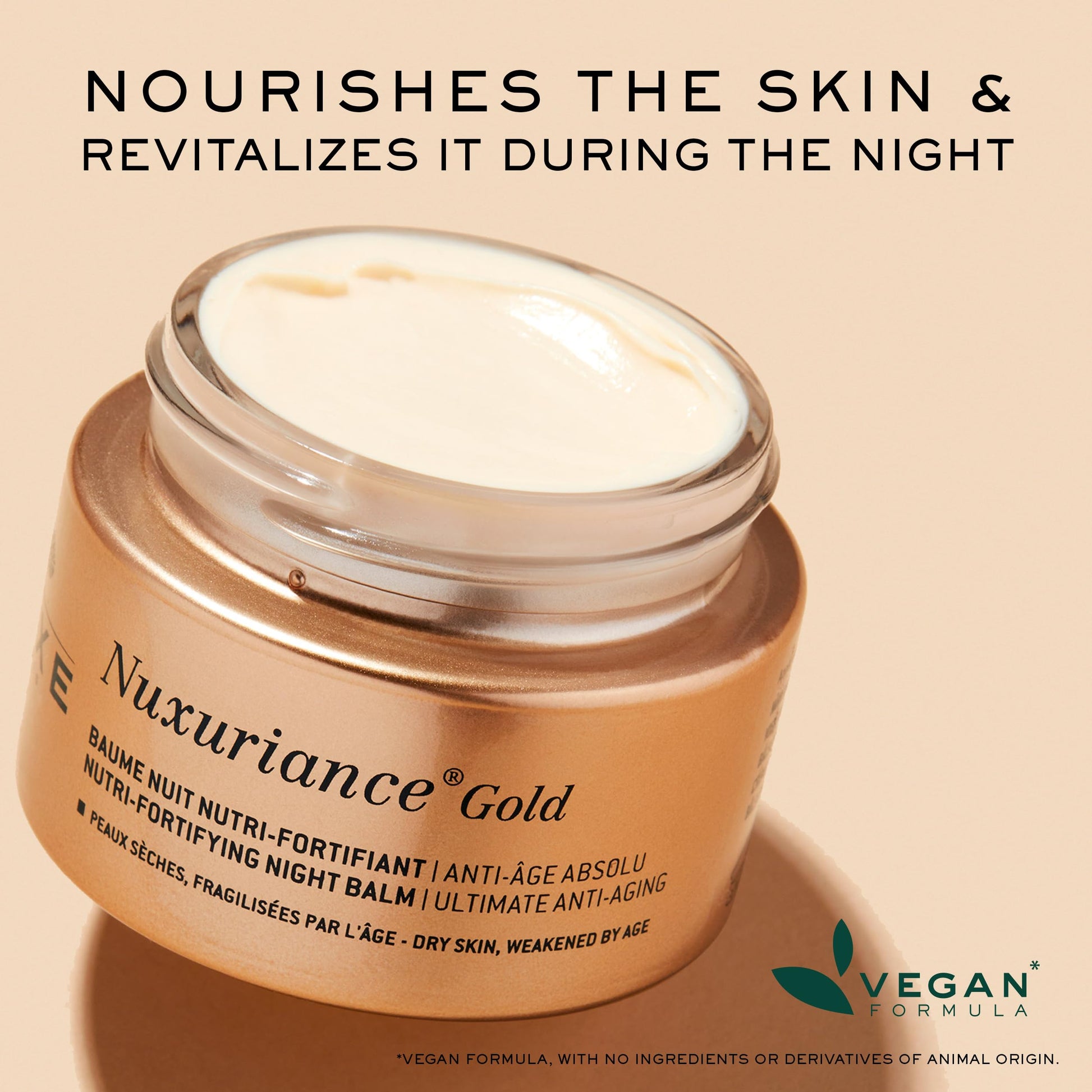 Nuxe Nuxuriance Gold anti-aging night balm face cream in rose-gold jar with balm vegan formula on Tampa Home & Garden Store