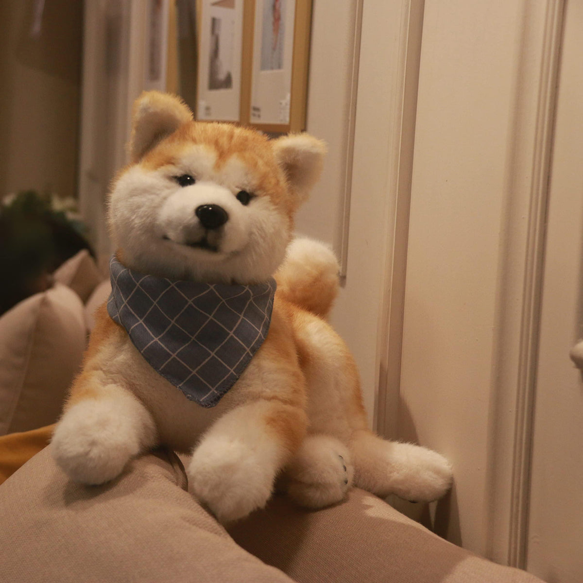 Akita dog plush stuffed animal with blue diamond-pattern scarf brand Chongker on Tampa Home & Garden Store