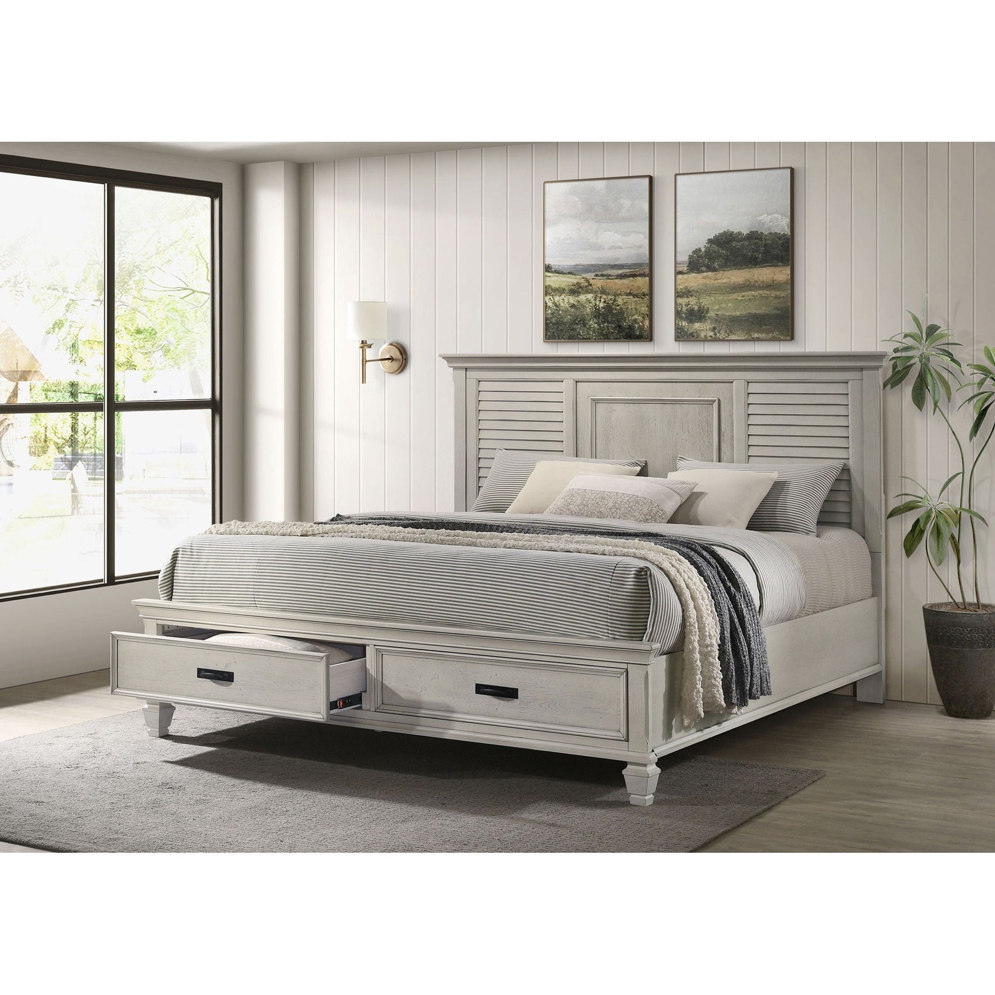 Capistrano 2-Drawer Storage Bed in light gray wood by HouseOfZazla with two under-bed drawers on Tampa Home & Garden Store