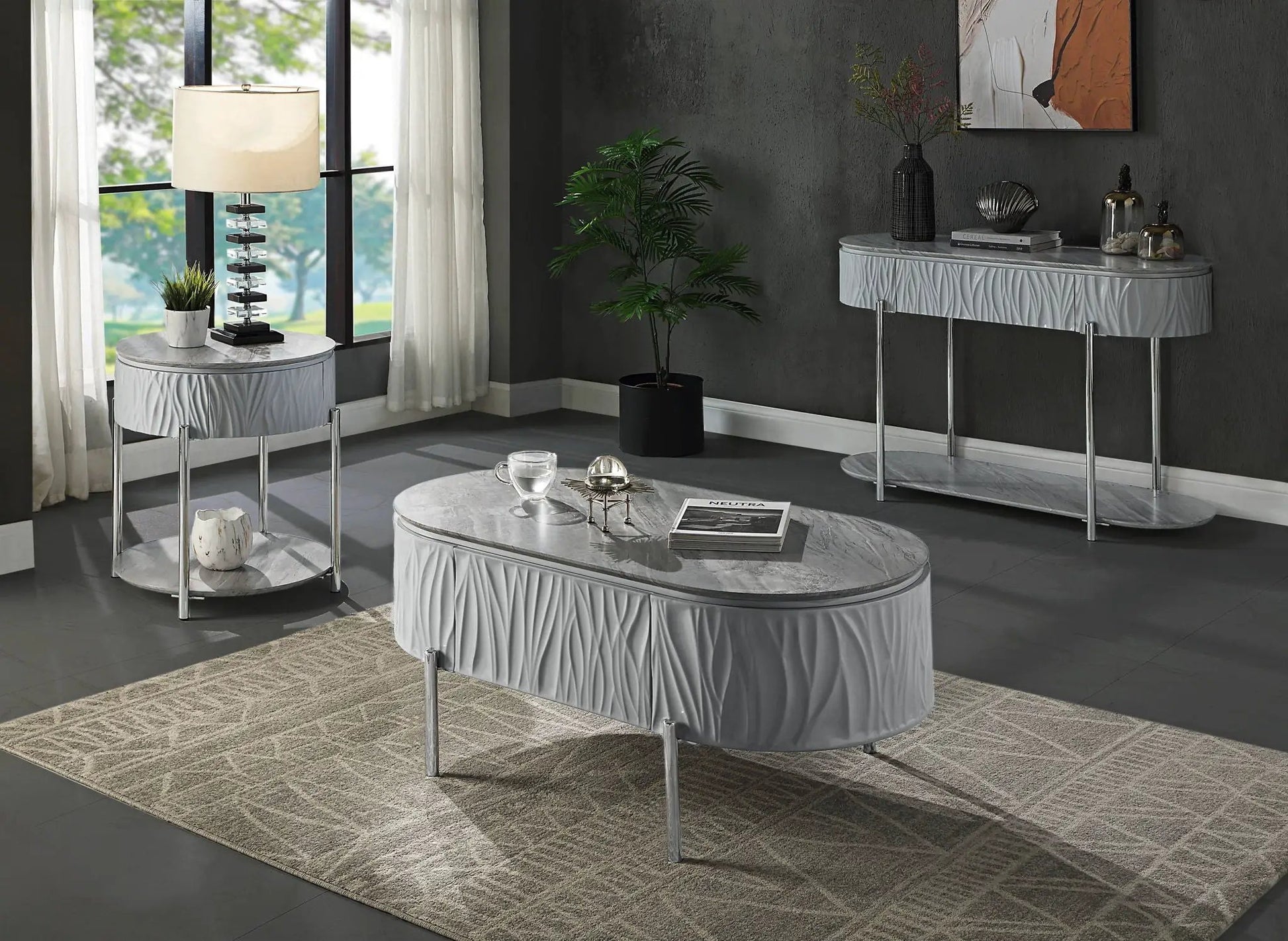 Yukino high gloss sofa tables by Unique Piece Furniture, marble tops with wave panels on Tampa Home & Garden Store