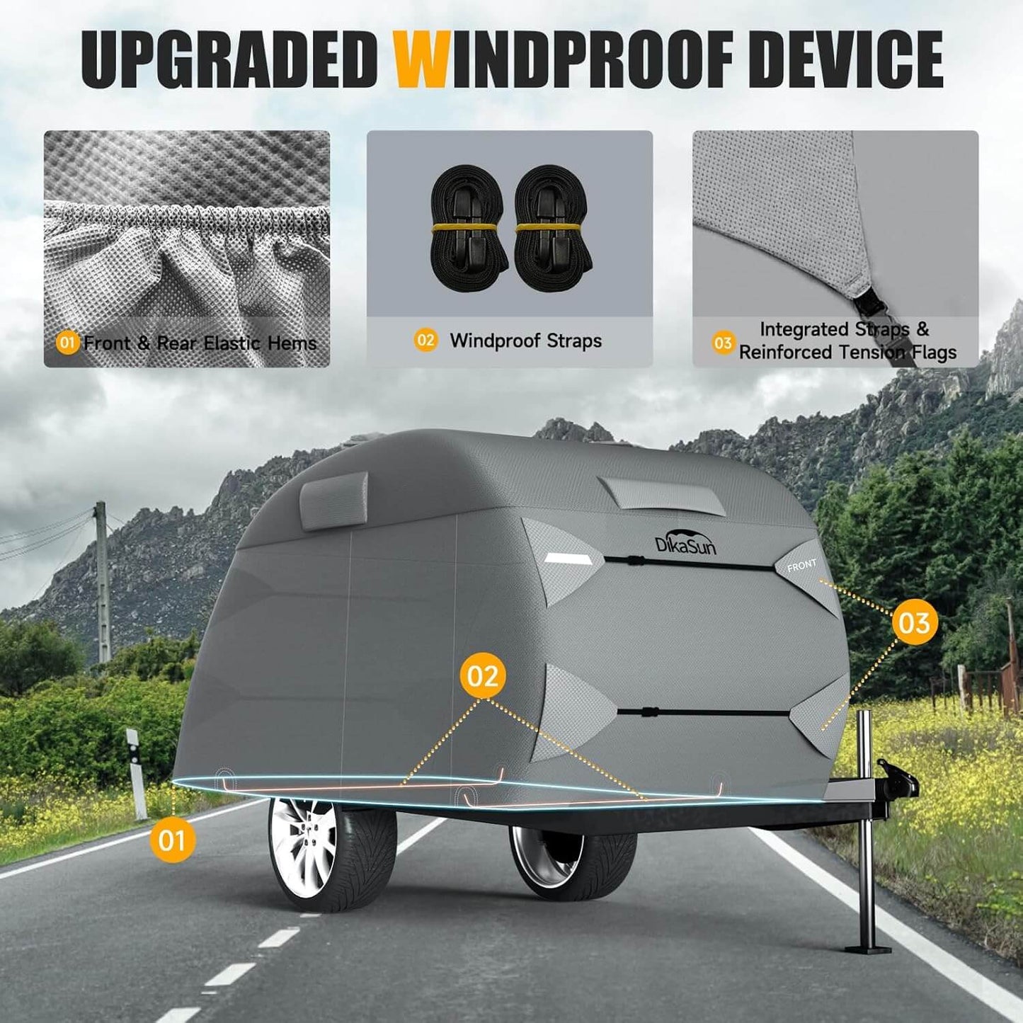 Teardrop trailer cover by Dikasun Outdoor, 7-layer waterproof RV storage cover in gray on Tampa Home & Garden Store