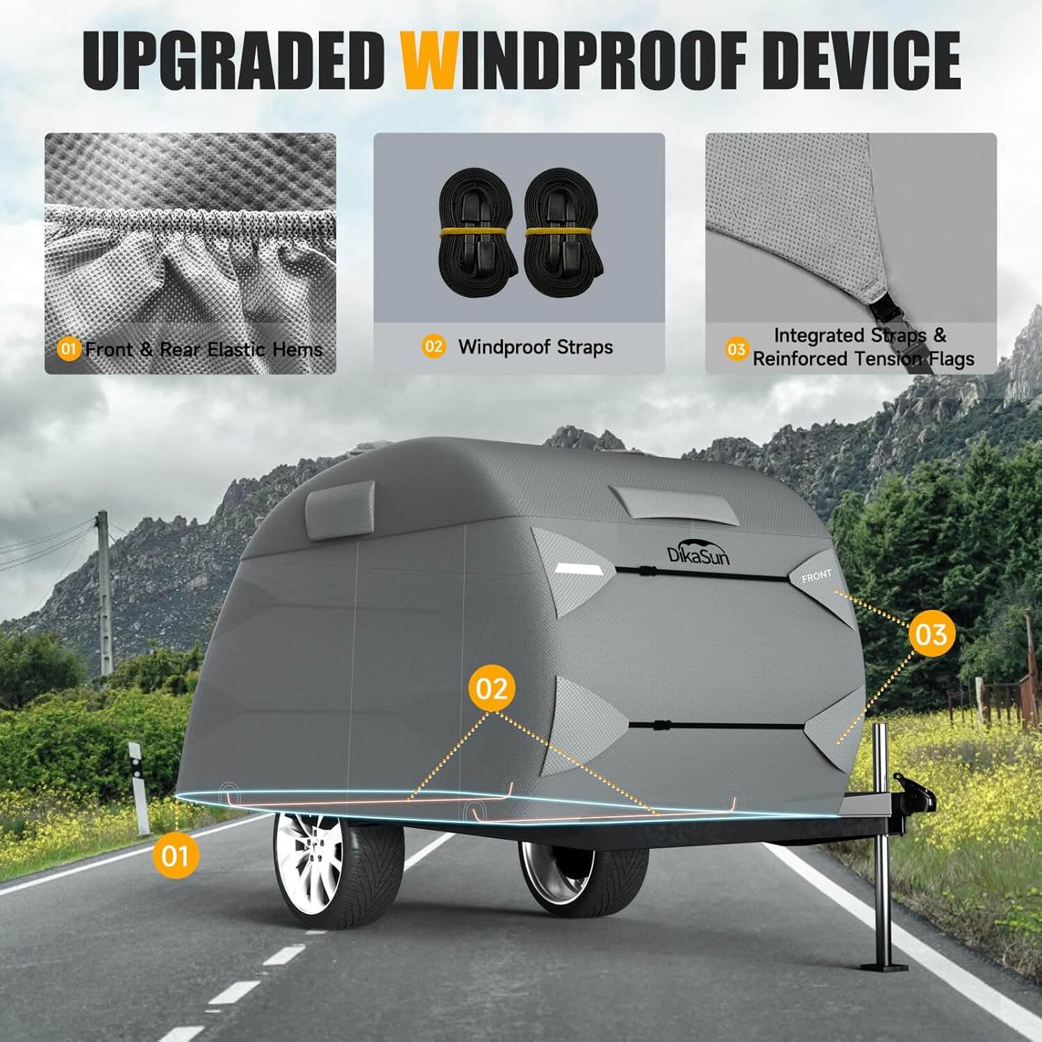 Teardrop trailer cover by Dikasun Outdoor, 7-layer waterproof RV storage cover in gray on Tampa Home & Garden Store
