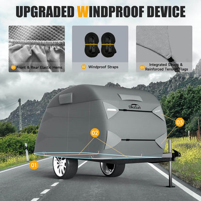 Teardrop trailer cover by Dikasun Outdoor, 7-layer waterproof RV storage cover in gray on Tampa Home & Garden Store