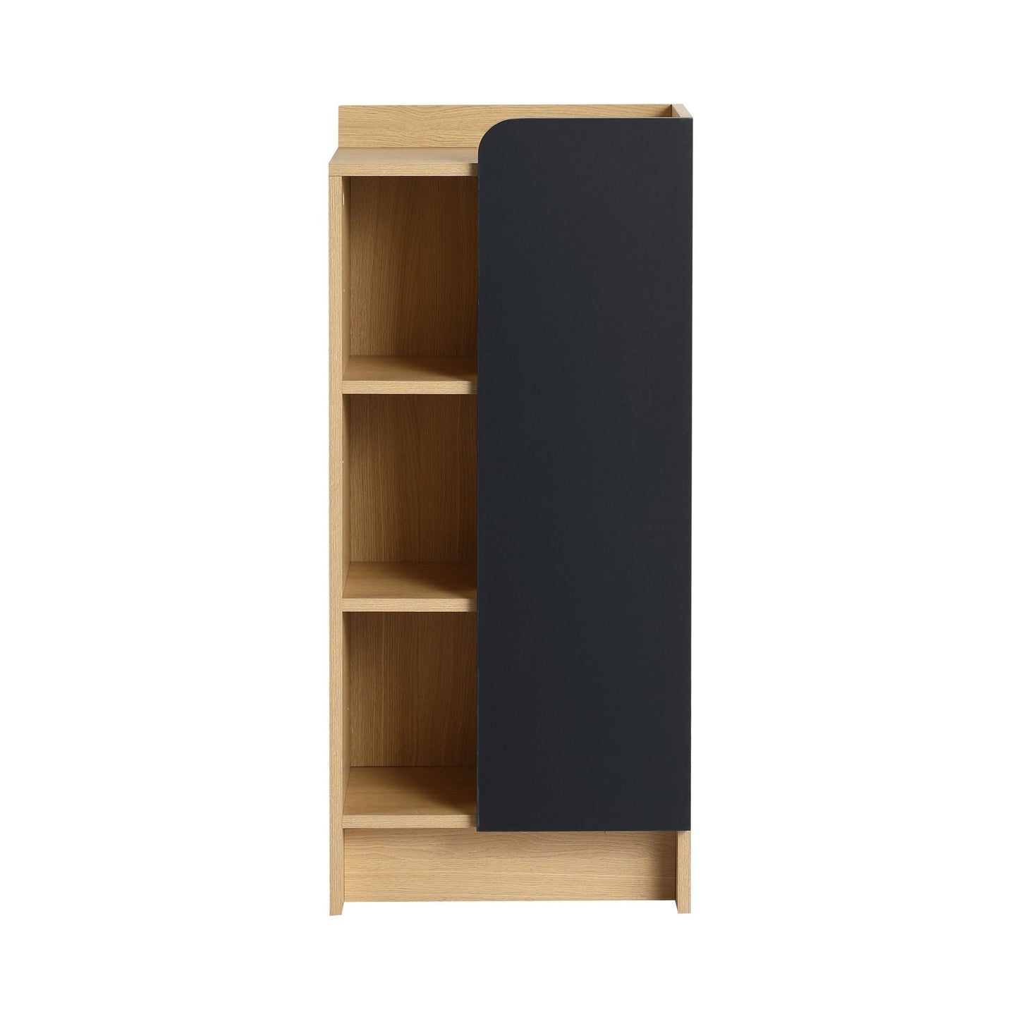 Freestanding narrow linen cabinet with black door and 3-tier light oak open shelves on Tampa Home & Garden Store