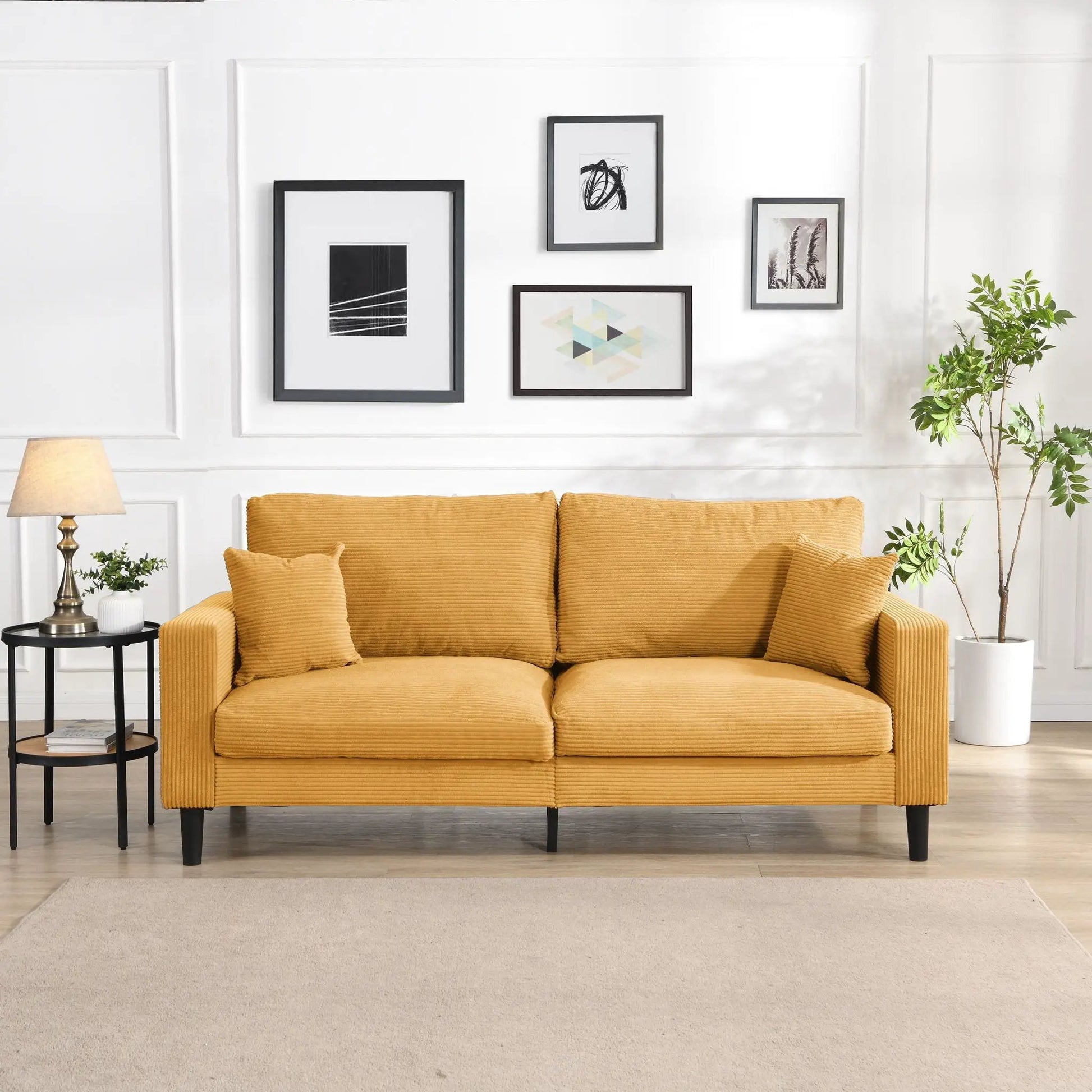 Modern Upholstered Resilience Three Seater Sofa in mustard corduroy with ribbed cushions on Tampa Home & Garden Store