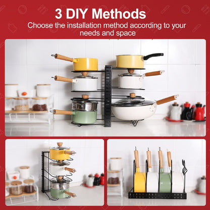 Adjustable pot rack - Black metal kitchen organizer with enamel pots and wooden handles on Tampa Home & Garden Store