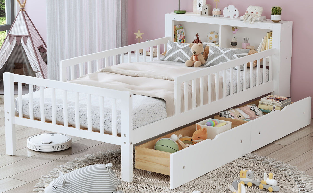 White storage bed with headboard rack, 2 under-bed drawers and 3 side guardrails by HouseOfZazla on Tampa Home & Garden Store