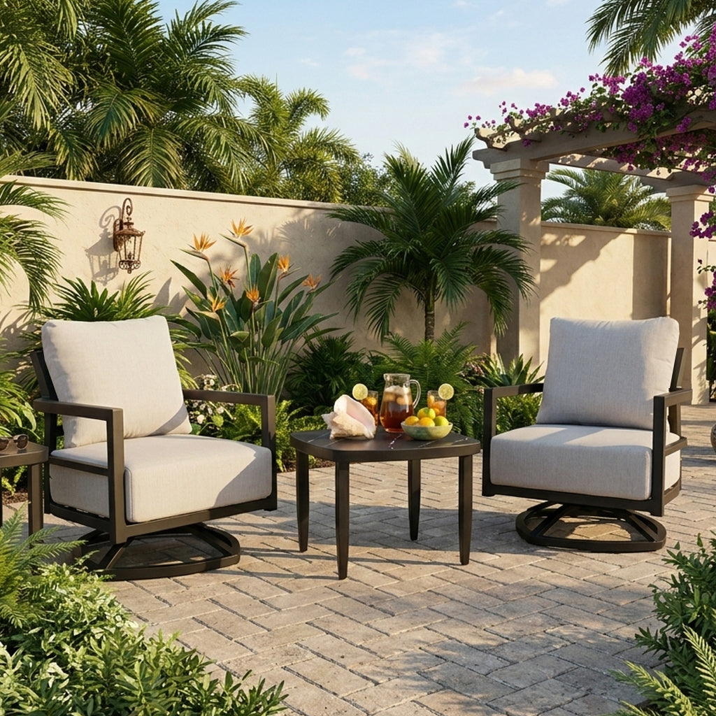 3pc Outdoor Aluminum Patio Furniture Set HouseOfZazla with two cushioned chairs and round table on Tampa Home & Garden Store