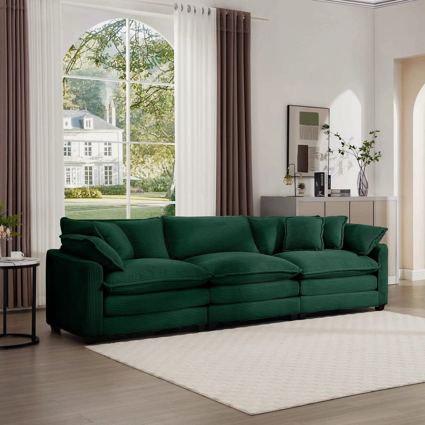 Mid-Century Modern 3-Seater Sectional Sofa with arms in green velvet and throw pillows on Tampa Home & Garden Store