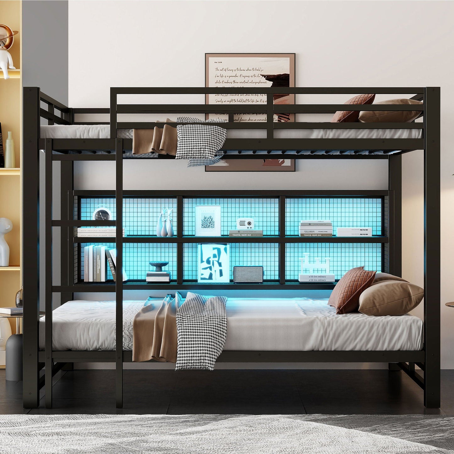HouseOfZazla Queen Over Queen bunk bed in black metal with 6 storage units and LED lights on Tampa Home & Garden Store