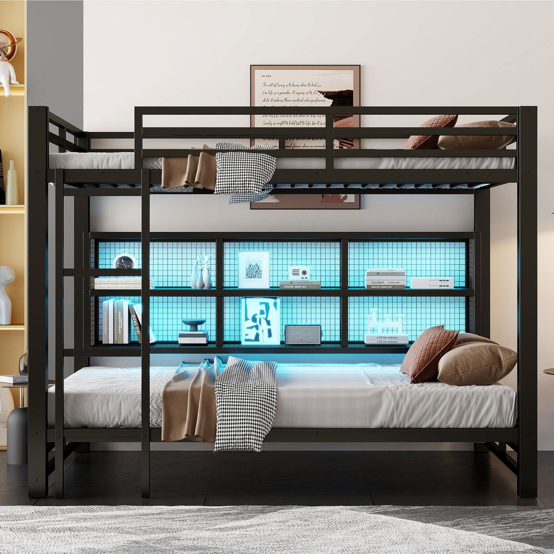 HouseOfZazla Queen Over Queen bunk bed in black metal with 6 storage units and LED lights on Tampa Home & Garden Store