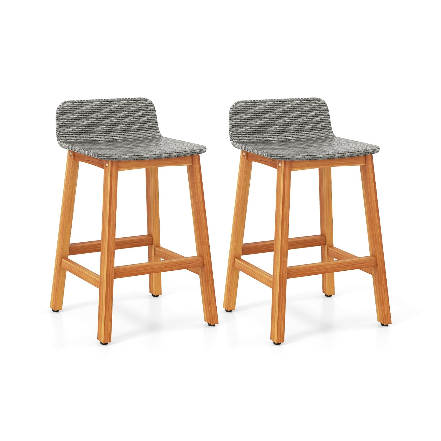 Taburetes de bar de madera maciza de acacia, juego de 2 con respaldo y reposapiés para porche, marrón