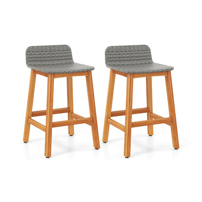 Taburetes de bar de madera maciza de acacia, juego de 2 con respaldo y reposapiés para porche, marrón