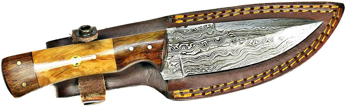 9in blade for Ever Outdoor TD-087 knife with Damascus pattern, two-tone wood handle, brass pins, brown leather sheath Titan International K on Tampa Home & Garden Store