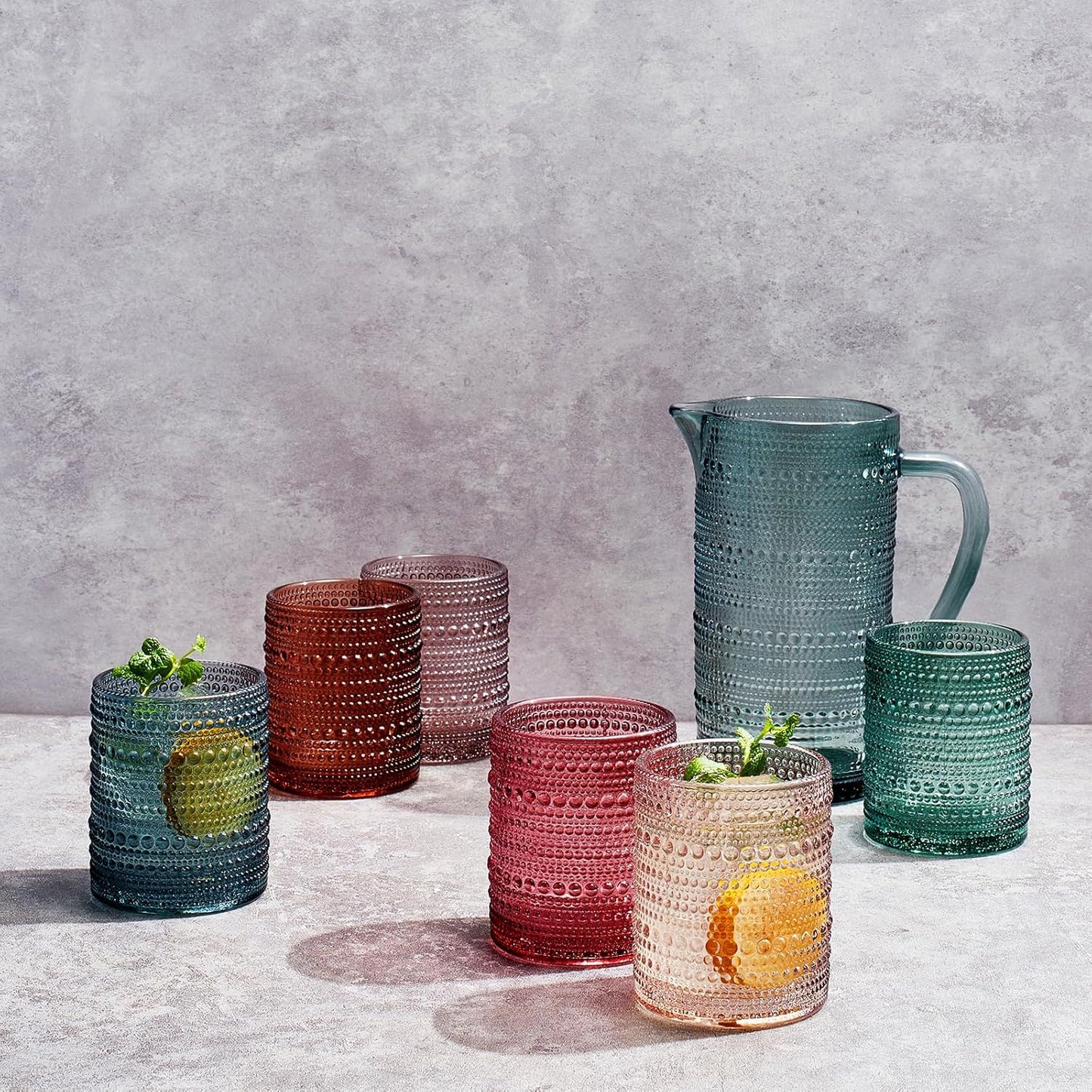 Tonal Hobnail Pitcher and Lowball Glassware Set
