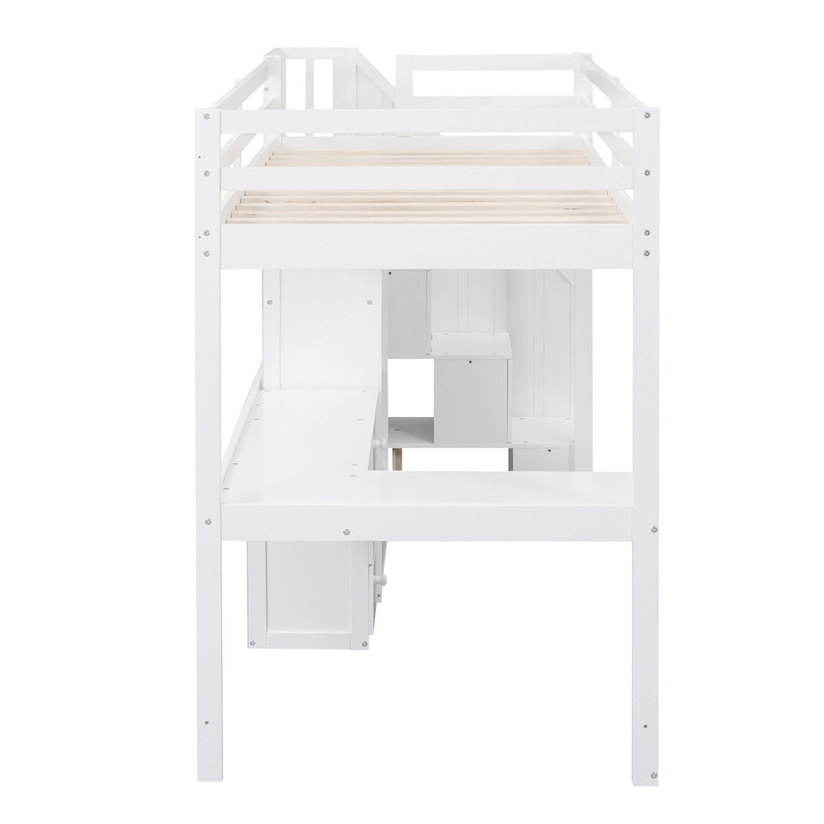 Loft bed with L-shaped desk, drawers, cabinet and storage staircase in white by HouseOfZazla on Tampa Home & Garden Store