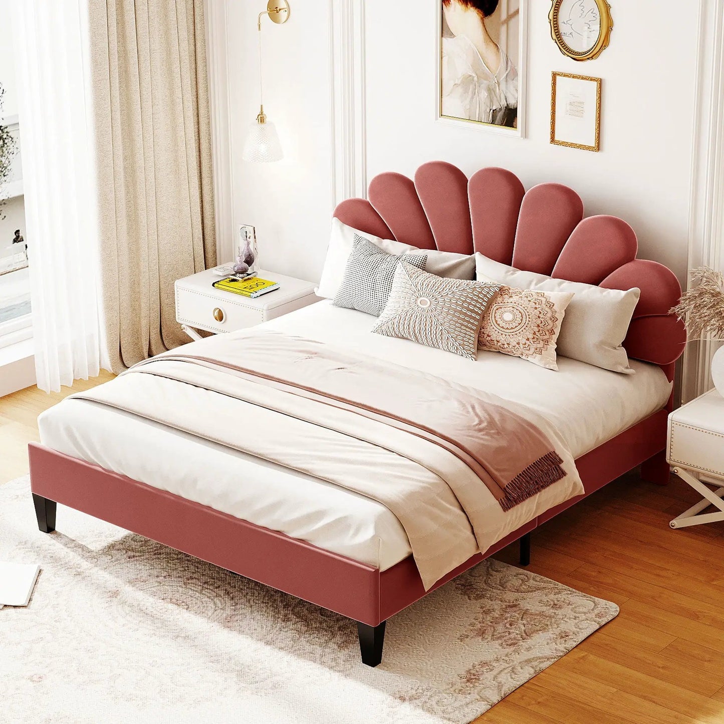 Upholstered platform bed with pink petal headboard and white bedding Unique Piece Furniture on Tampa Home & Garden Store