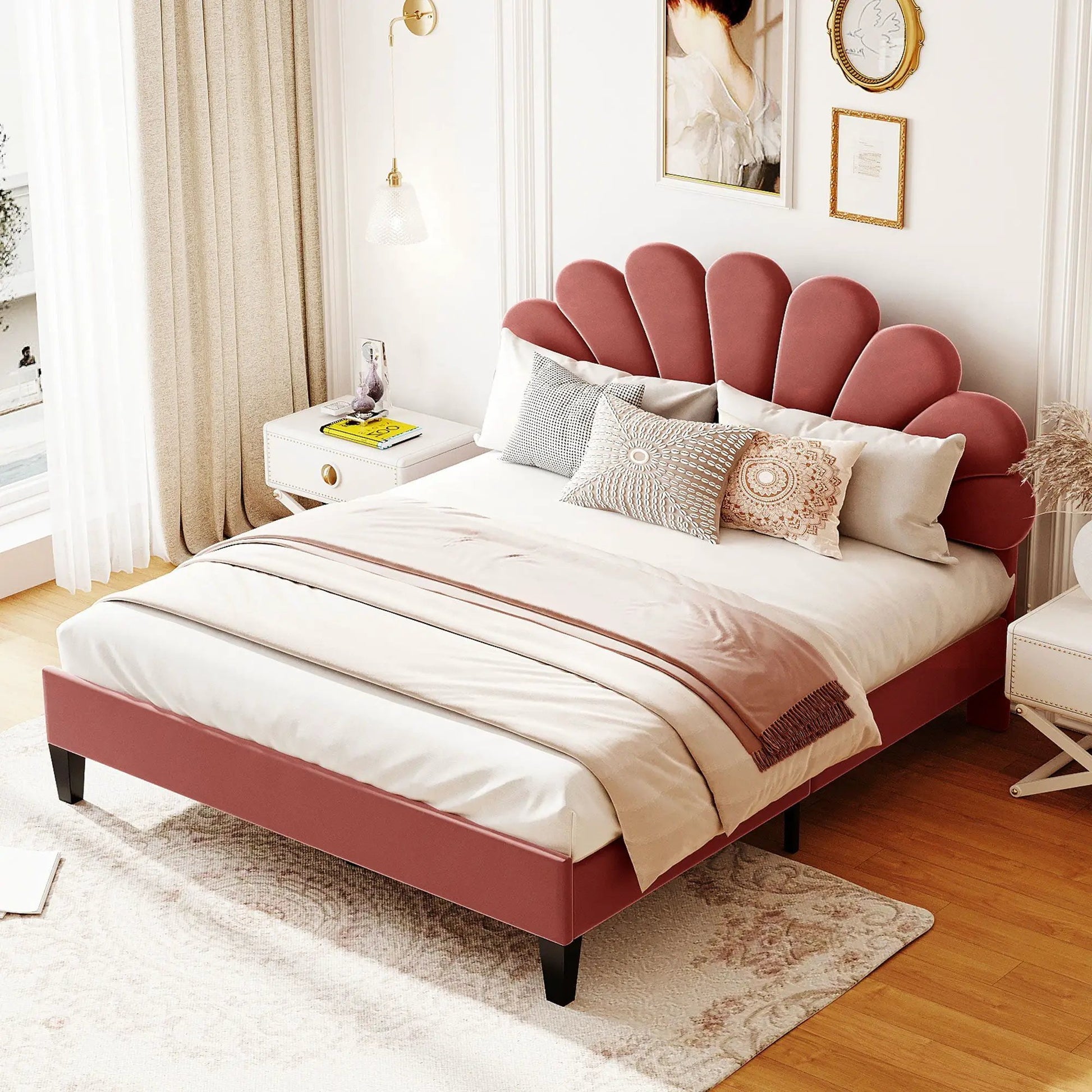 Upholstered platform bed with pink petal headboard and white bedding Unique Piece Furniture on Tampa Home & Garden Store