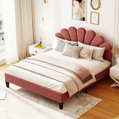 Upholstered platform bed with pink petal headboard and white bedding Unique Piece Furniture on Tampa Home & Garden Store