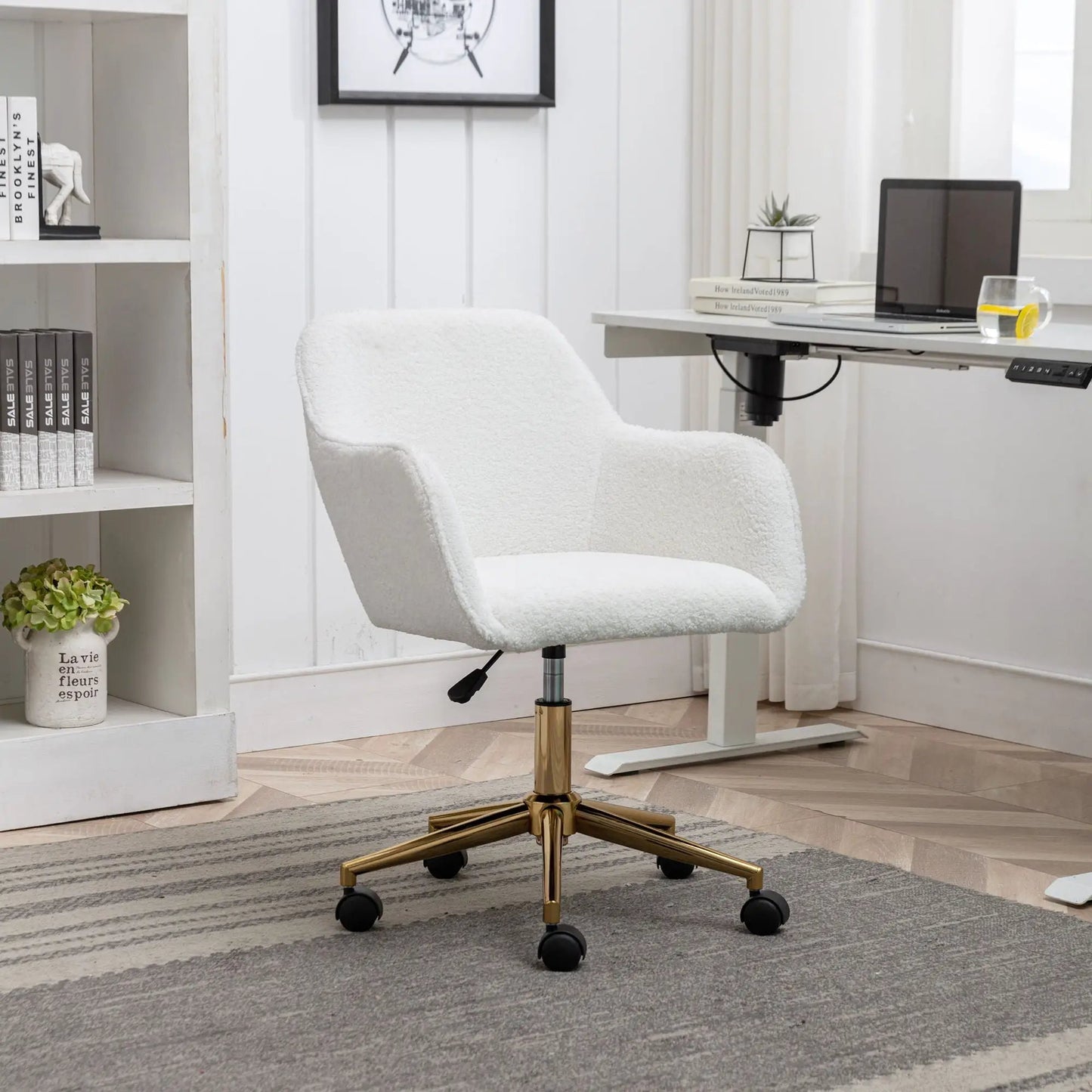 White plush swivel chair with 360-degree adjustability and gold metal base Unique Piece Furniture on Tampa Home & Garden Store