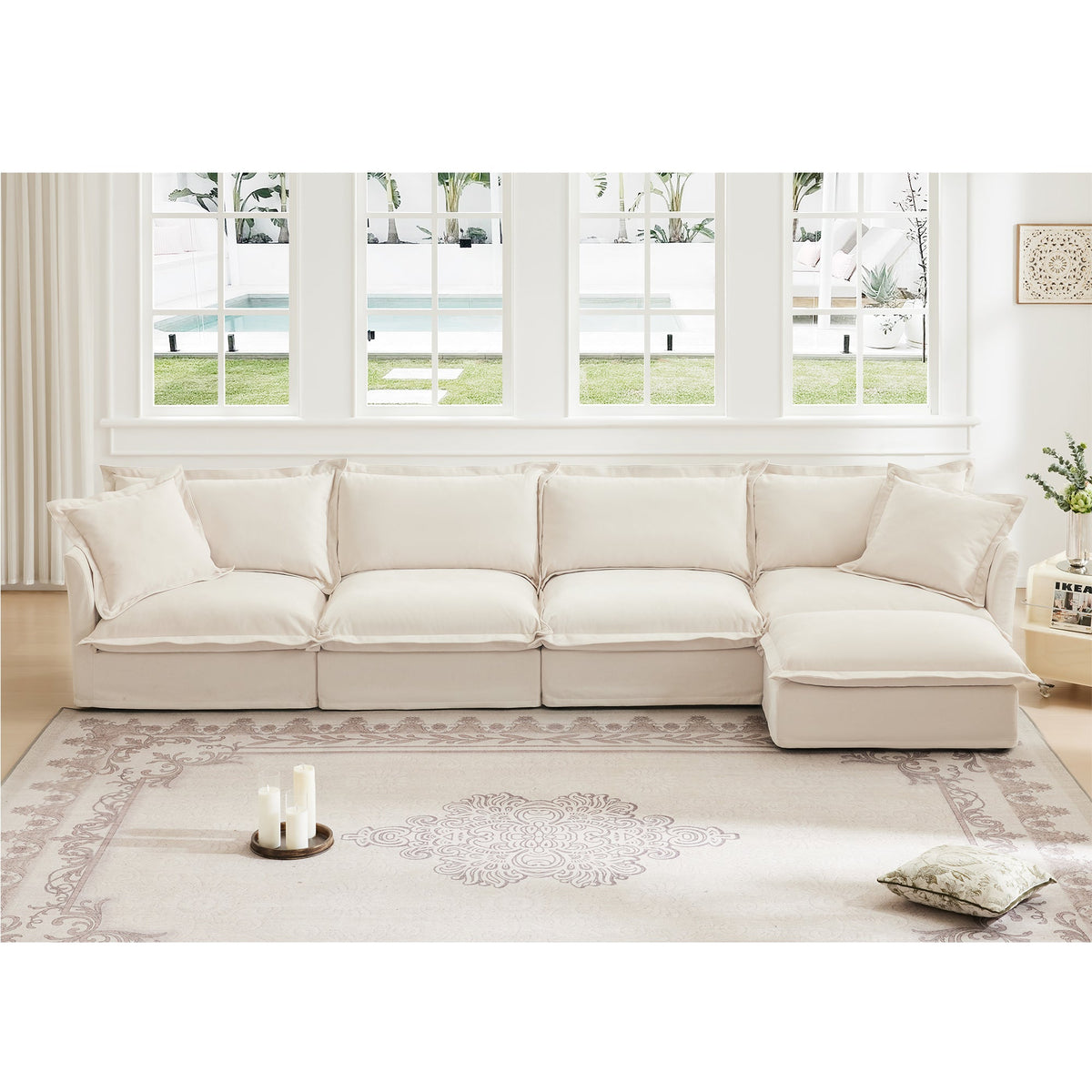 Slipcovered L-shaped 4-seat beige sofa by HouseOfZazla in a living room with a patterned rug on Tampa Home & Garden Store
