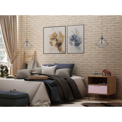 Rockefeller Nightstand with 1 Drawer, natural wood body and pink front, splayed legs by HouseOfZazla on Tampa Home & Garden Store