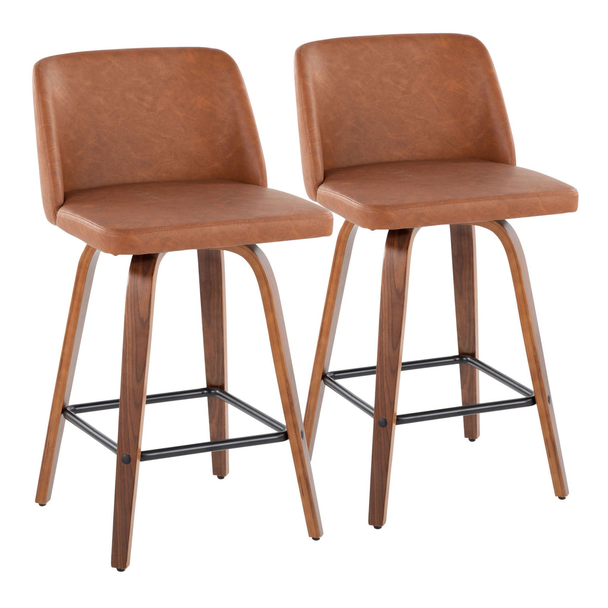 Toriano mid-century modern fixed-height counter stools with square footrest, brown leather pair on Tampa Home & Garden Store