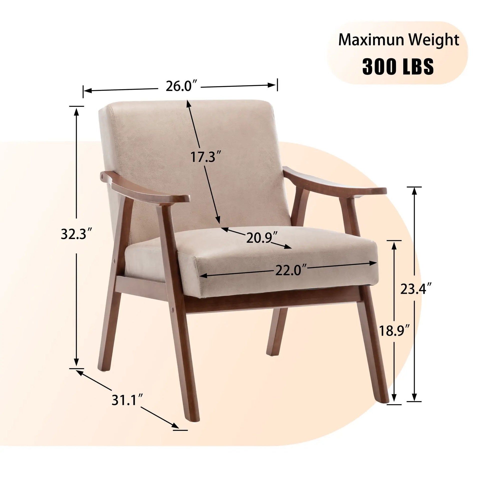 Mid Century Modern Accent Chair beige fabric with solid wood frame thick backrest on Tampa Home & Garden Store
