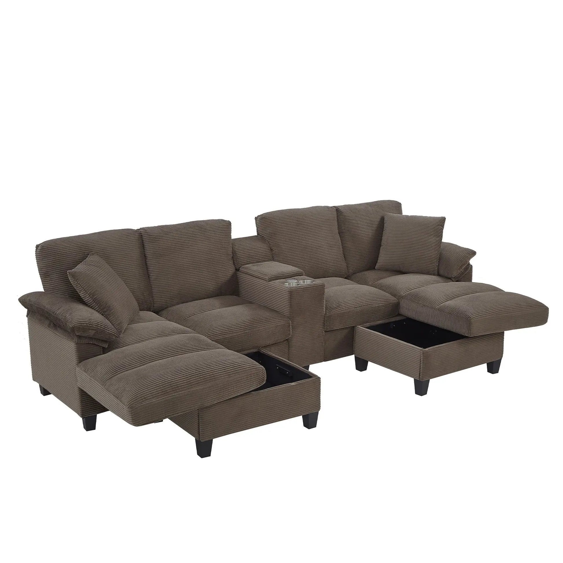 Modern U-shaped sectional sofa with storage ottomans in brown corduroy fabric, 3-piece living room set on Tampa Home & Garden Store