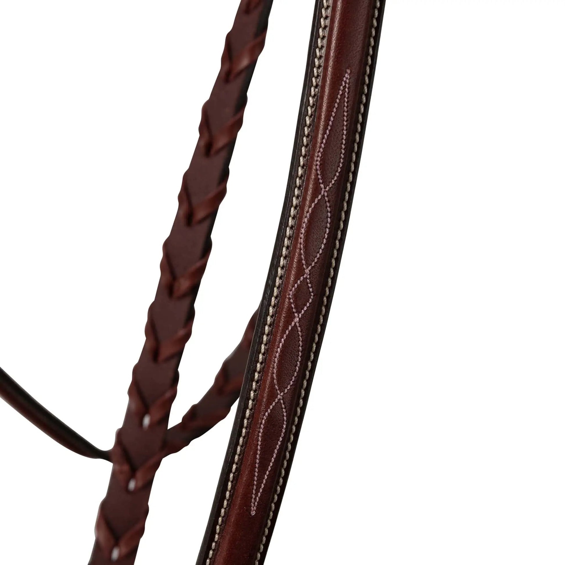 Pair of Huntley Equestrian fancy stitched schooling reins, brown leather with cream stitching on Tampa Home & Garden Store