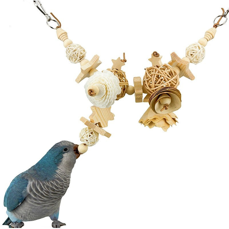 Parrot Natural Gnawing Molar Grinding Toy, wooden natural tones with rattan spheres on Tampa Home & Garden Store
