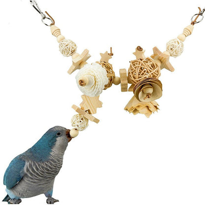 Parrot Natural Gnawing Molar Grinding Toy, wooden natural tones with rattan spheres on Tampa Home & Garden Store